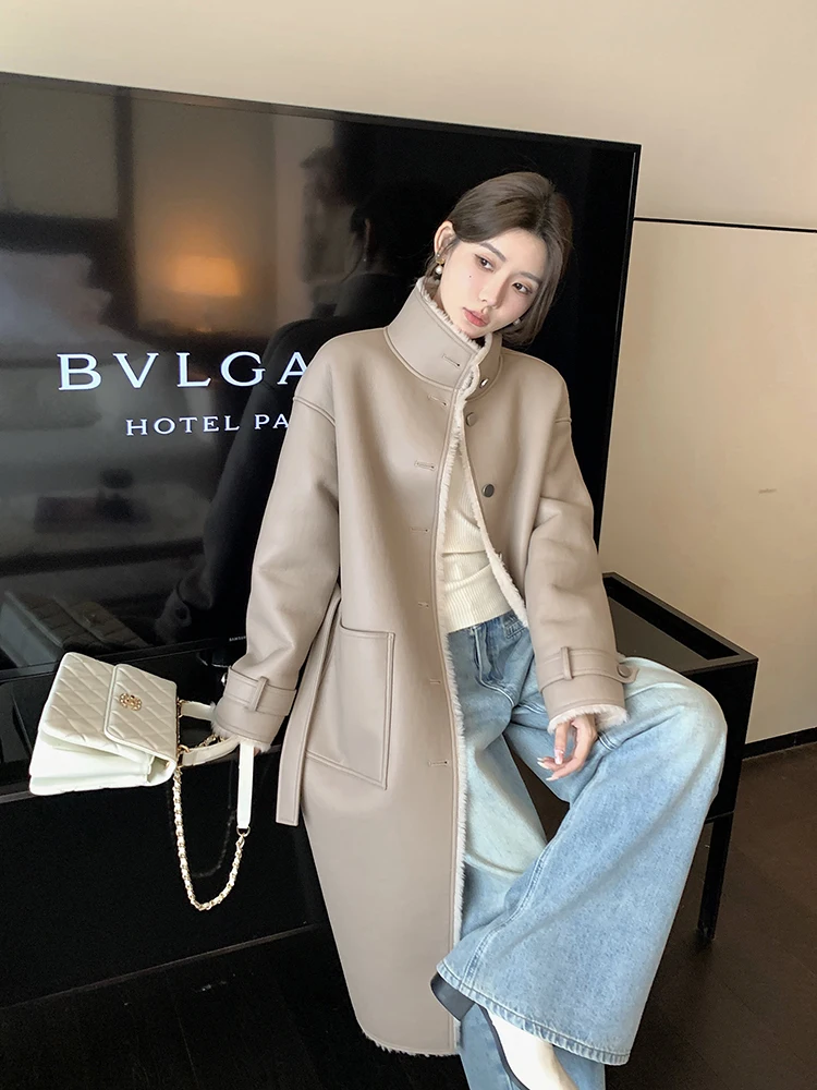 

Parisian Faion Lamb Fur Jaet Women's Winter Long Fake Fur Skin Inteated Fur Coat 2024 New Sle Button Detail Long Sve