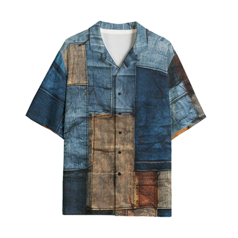 Men\'s Casual Shirts Fake Spliced Denim Printed Camisa Men Fashion Hawaiian Shirt Beach Blouses Short Sleeve Vocation Lapel Tops