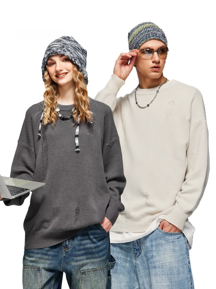 

Men's Loose Fit round Ne Knitted Sweater 32-Core Yarn Hole Design Warm Casual Sle Long Sve Knitwear for Autumn Winter