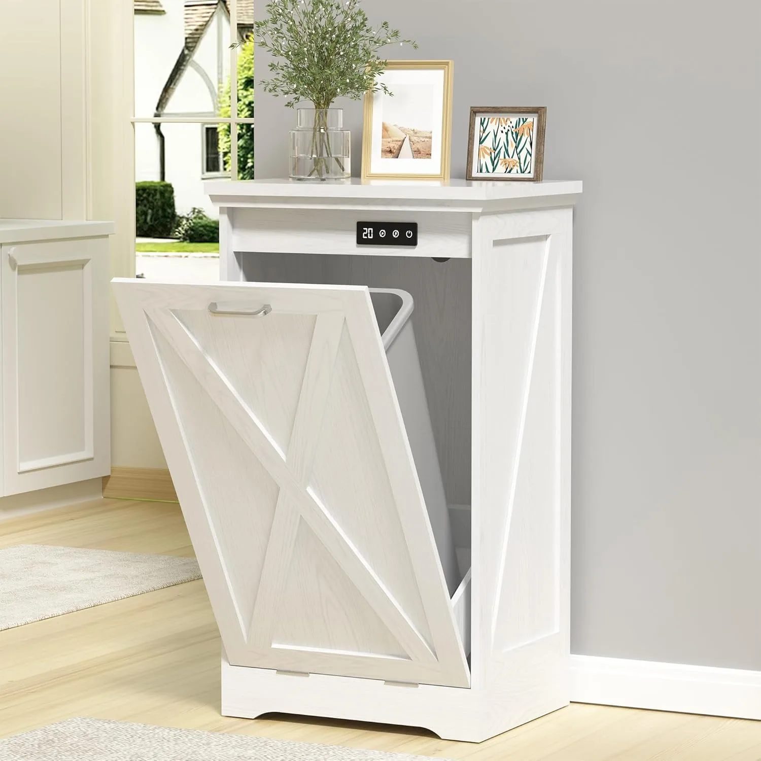 

13-галонный наклонный шкаф для мусорного бака, кухонный мусорный шкаф, скрытый мусорный бак с дезодорацией и отрицательными ионами, защита от домашних животных, белый