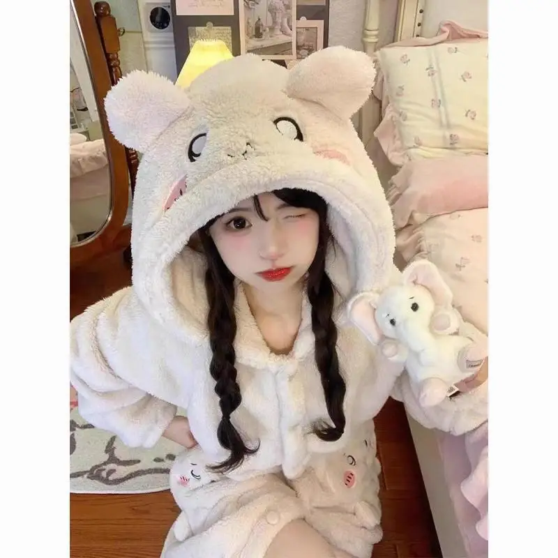 Miniso Kit Girl Coral Fleece Thickening Hooded Trousers Robe Suit Winter Kawaii Chiikawa Comic Keep Warm Pajamas Home Clothes