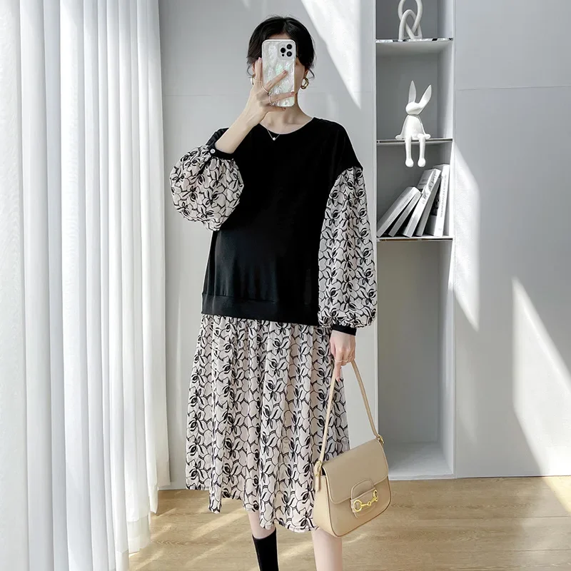 Maternity Clothes Autumn New 2022 Elegant Long-sleeved Korean Wind Plus Size Sweater Stitching Floral Pregnant Dresses Versatile