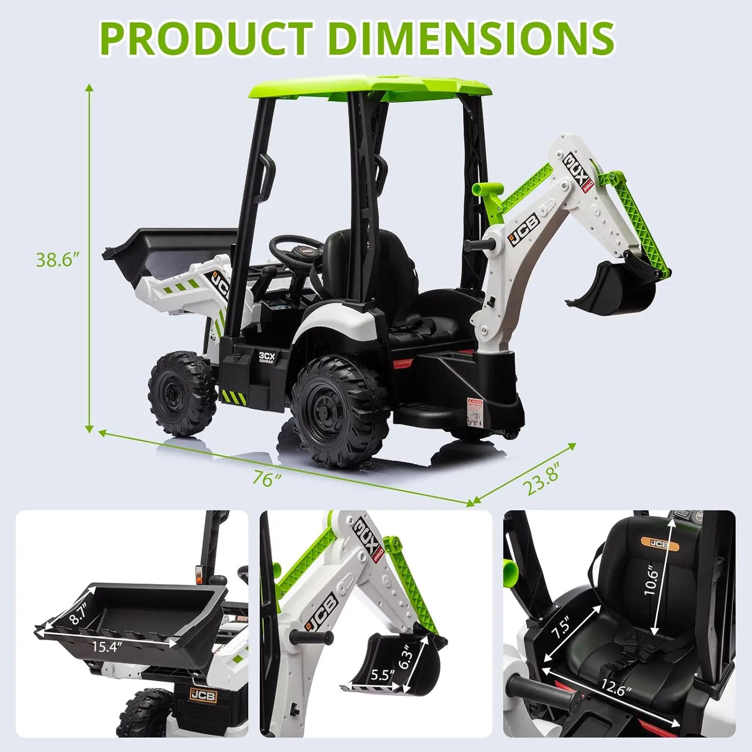 Macchinina giocattolo con terna elettrica JCB da 12 V, escavatore alimentato a batteria e giocattoli per veicoli da costruzione con pala gommata con telecomando