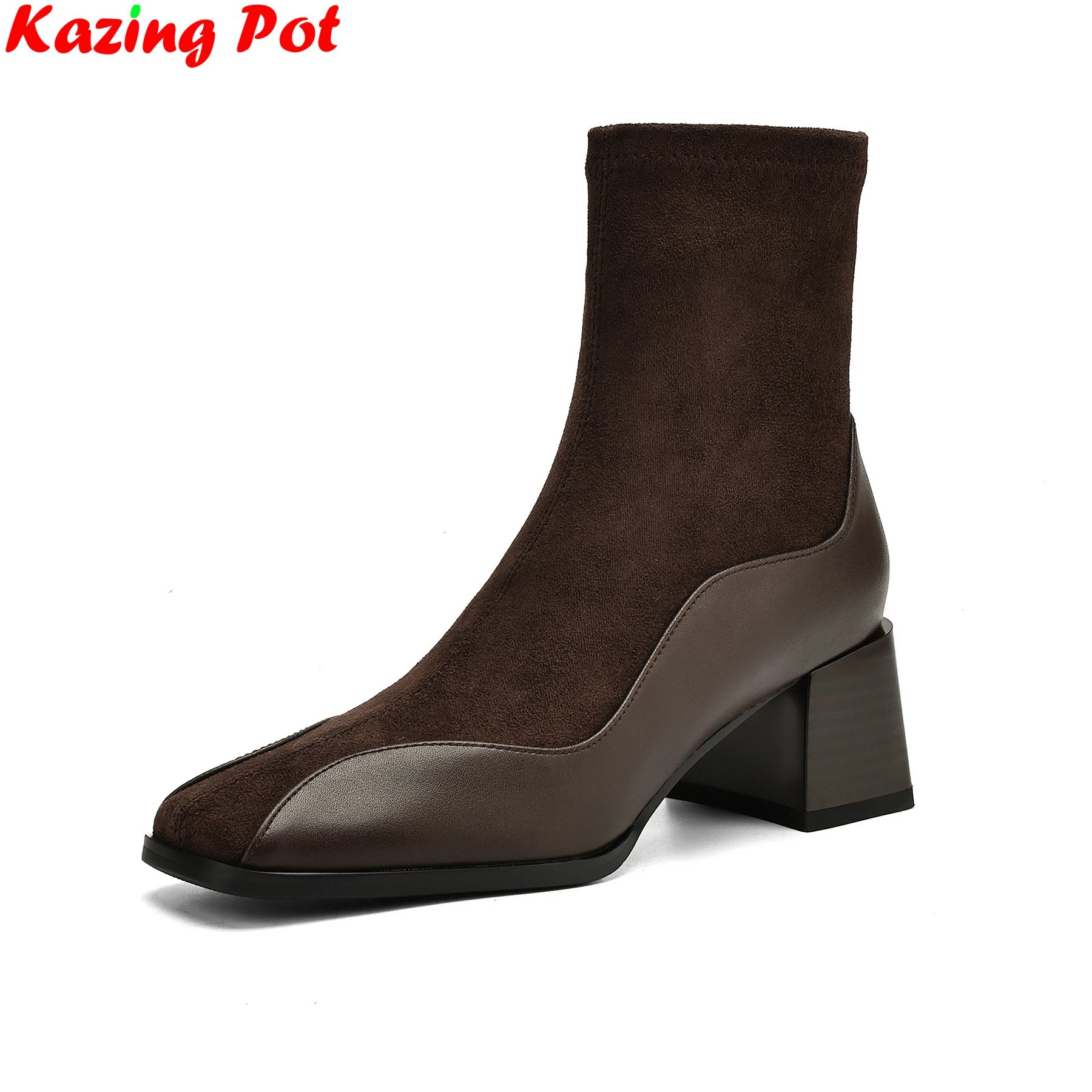 

Krazing Pot Plus Size 34-43 Cow Skin Flock Square Toe Zipper Med Heels Retro Modern Stretch Boots Warm Winter Shoes Ankle Boots