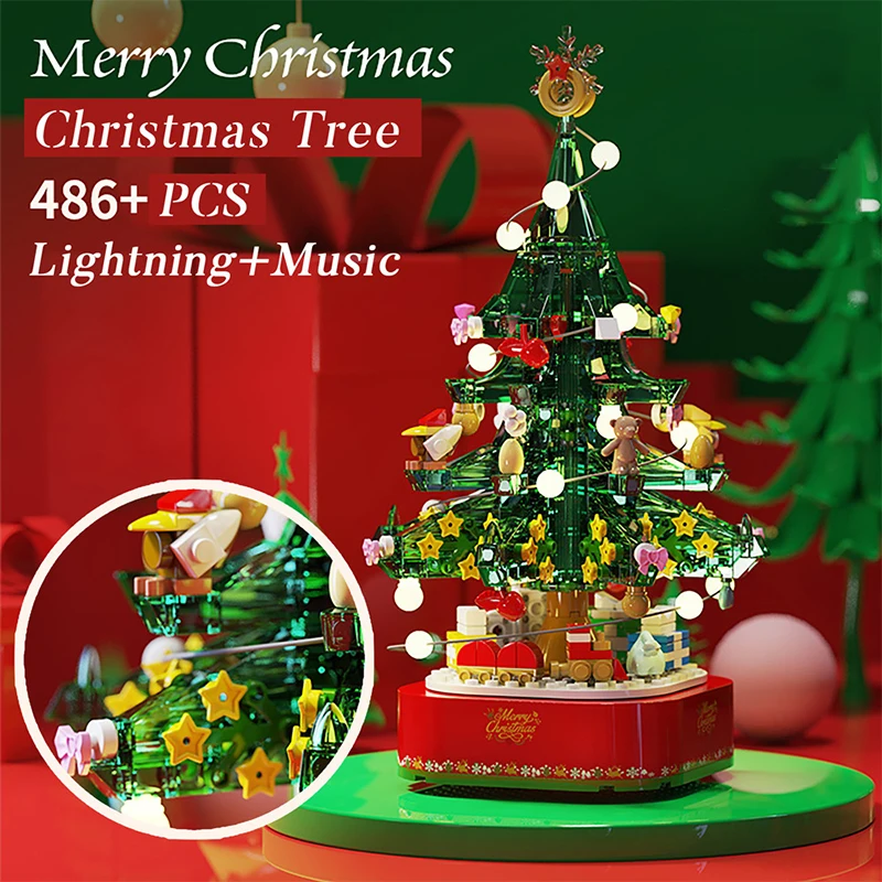 Creative Merry Christmas Tree Music Box With Led Ligths Building Blocks Santa Xmas Gift Decoration DIY Bricks Toys For Children