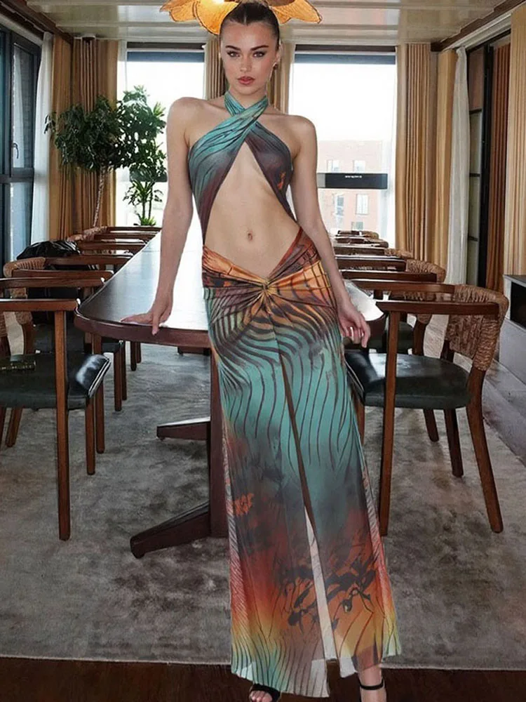 Kliou Panelled Halter Cross Women Dresses Sexy Mesh Thin Hollow Pleated Split Sleeveless Sheath Robe Mujer Trend Party Vestidos