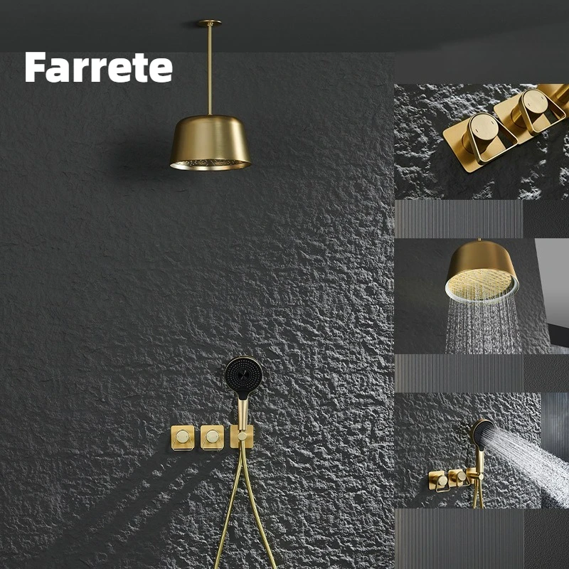 Farrete brushed gold concealed wall-mounted shower head set all-copper concealed pre-embedded cold and hot water bathroom shower