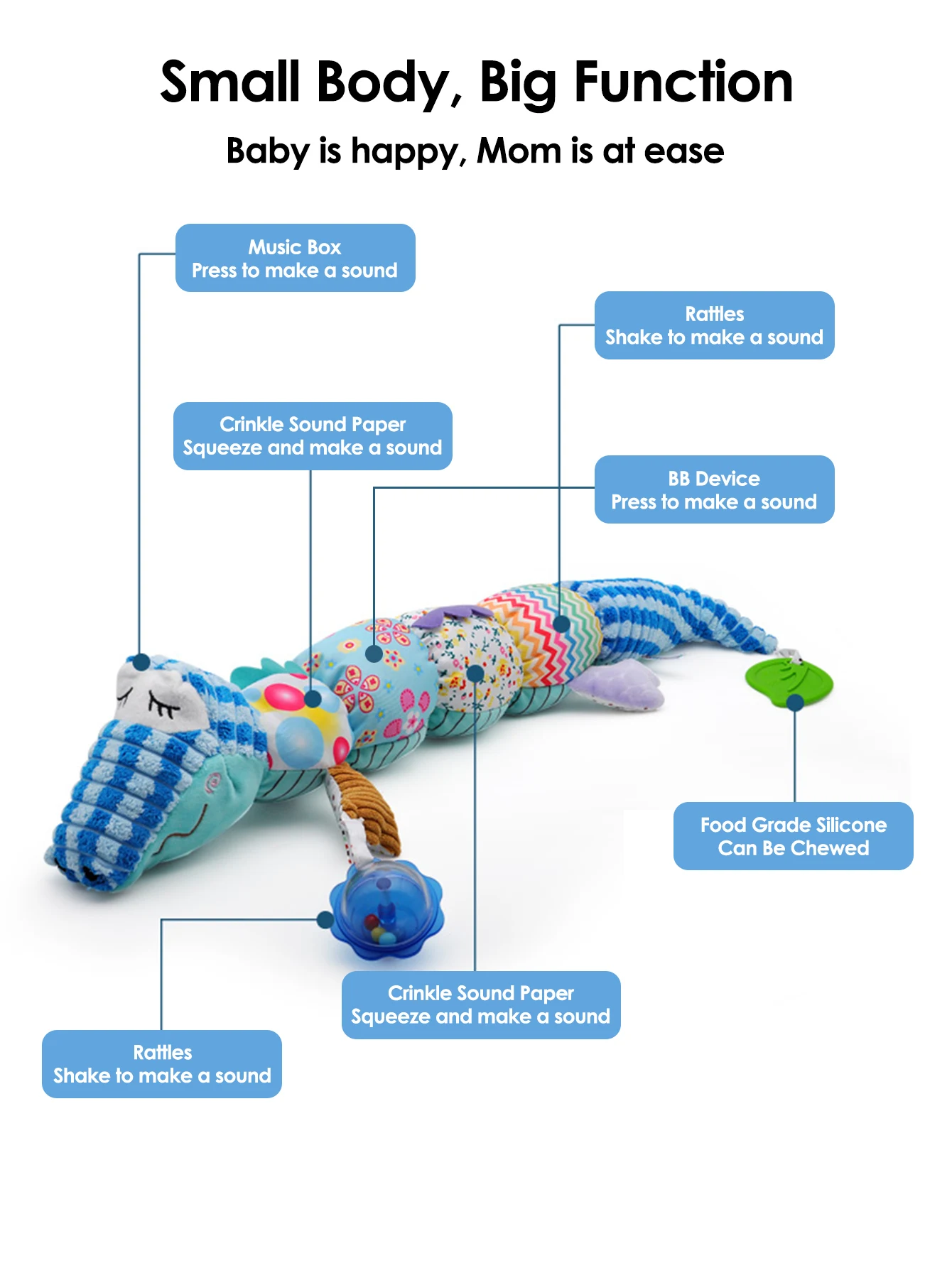 1 pçs bebê conforto crocodilo travesseiro brinquedo com fita métrica, brinquedos musicais infantis de pelúcia com chocalhos crinkle bell