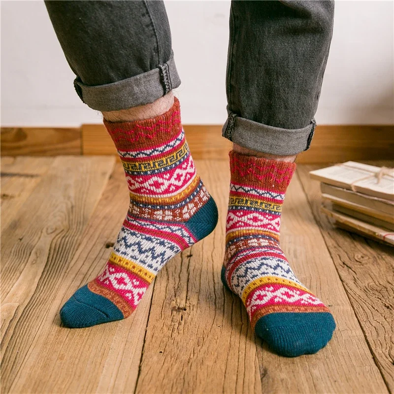 Geometric Striped Thicken Wool Socks for Men Warm Cashmere Novelty Funny Crew Winter Christmas Gift Dropship