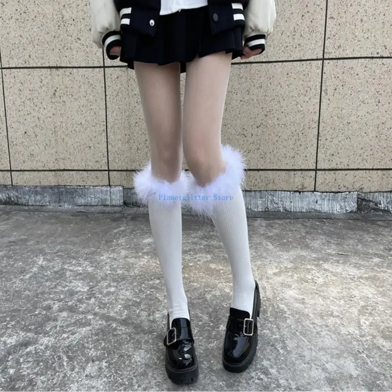 652B Meias femininas japonesas algodão até o joelho, meias vintage peludas com penas sólidas