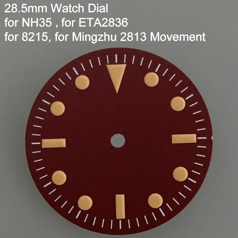 Voor ETA 2836 Wijzerplaat Geen Lichtgevende Oranje Indexen 28.5mm Wijnrode Wijzerplaat Fit voor NH35 8215 Mingzhu 2813 Beweging