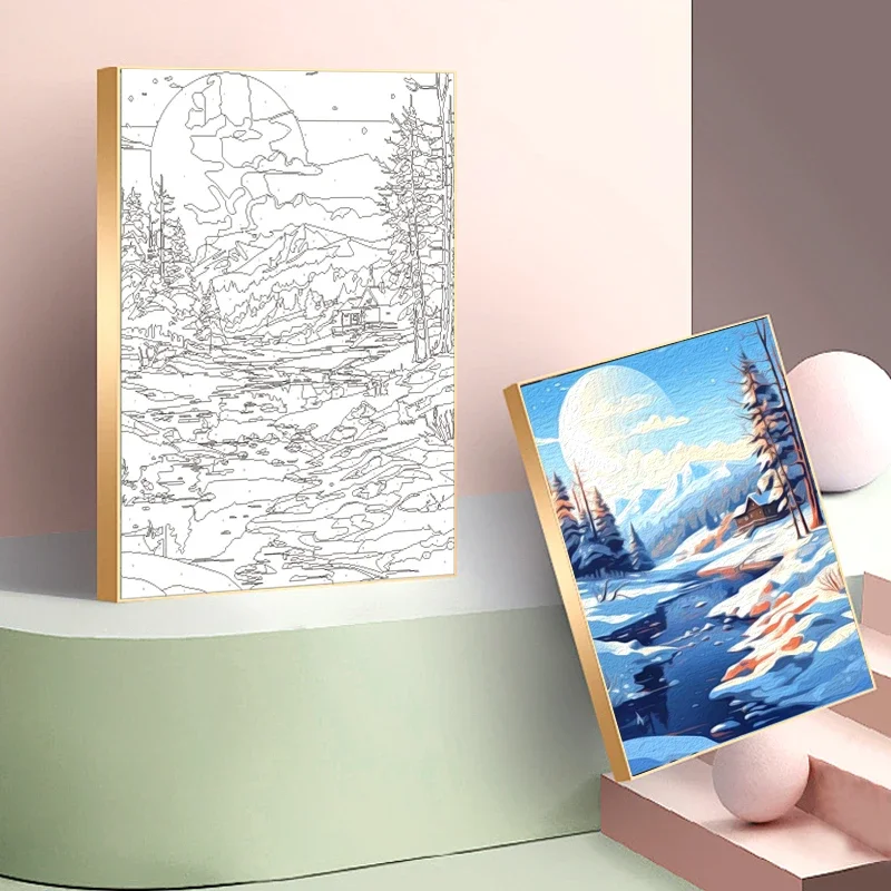 116196 Coloring By Numbers Painting Paint Pictures By Numbers Landscape Blue White Forest Snow Scenery Wall