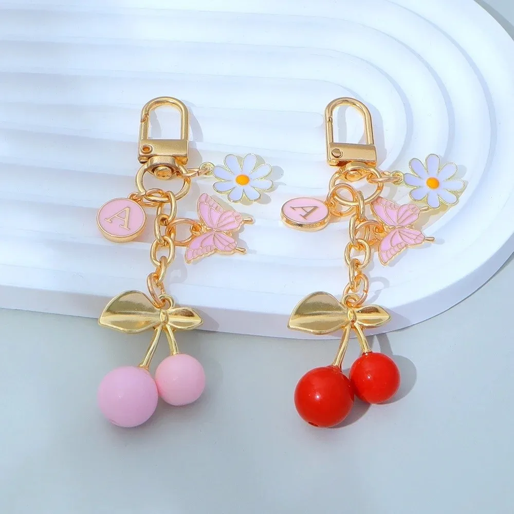 New Mini Cherry Keychain Butterfly Decor Enamel Coating Car Key Ring DIY Jewelry Flower Bag Accessories for Women Girls