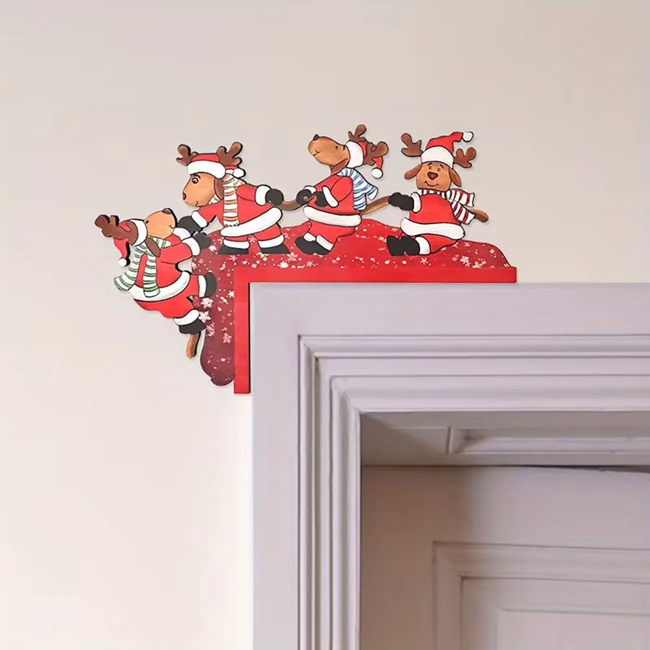 Christmas Wooden Door Corner Decor 2Pcs Elk Santa Costume Wood Sign Ornament for Home Door Frame Xmas Holiday Decoration
