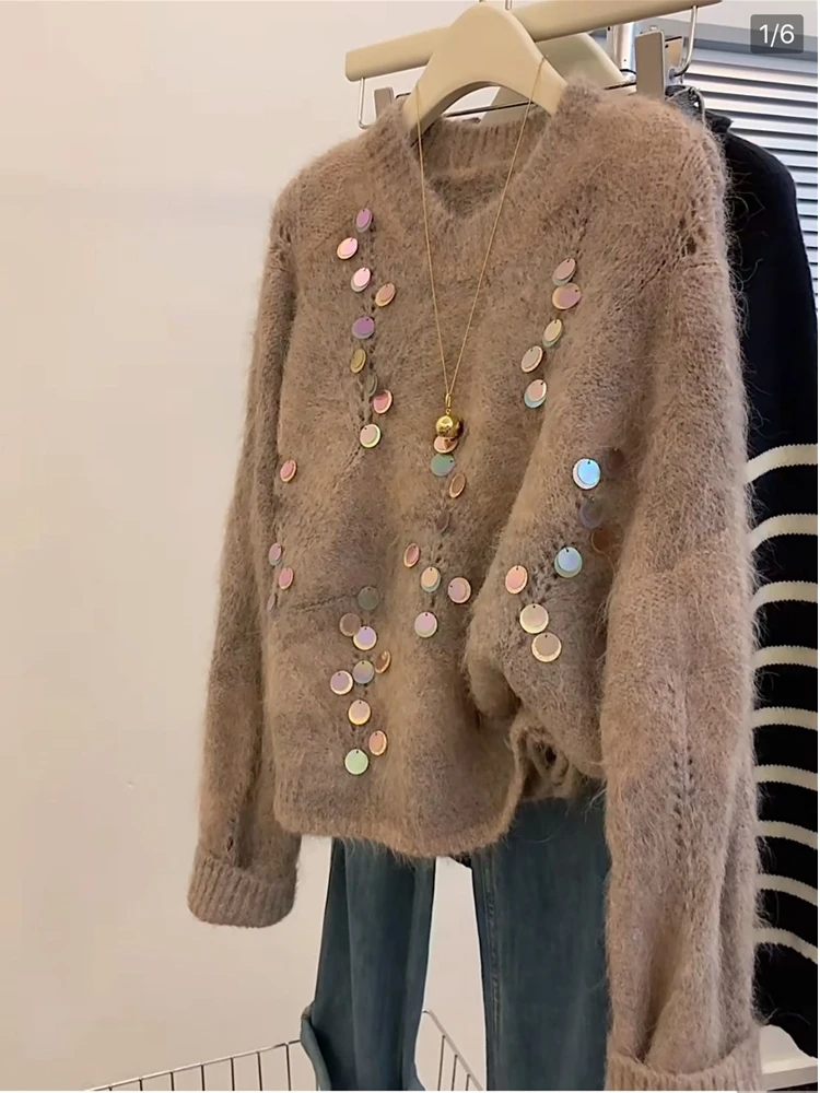 

Женский вязаный свитер iny с пайетками, дизайн Heavy Industry Lazy Sle, мягкий ор Све в стиле ретро, круглый Ne Sweet Sle, зима 2024 г.