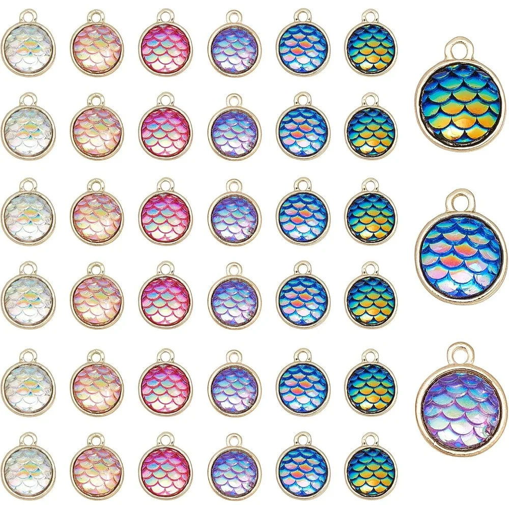 36pcs Mermaid Resin Pendants 6 Colors Fish Scale Pendant 12mmFlat Round Resin Pendants with Light Gold Alloy Finding for Earring