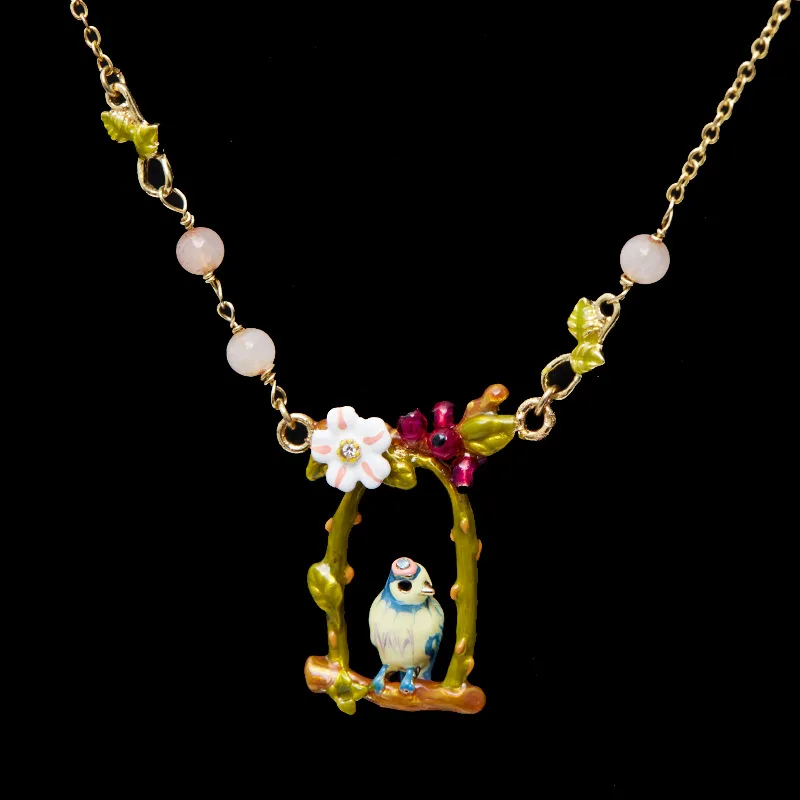 

New Lovely Sweet Fashion Enamel Glaze Flowers Three-dimensional Blue Tit Bird Bird Cage Pendant Female Necklace Collarbone Chain