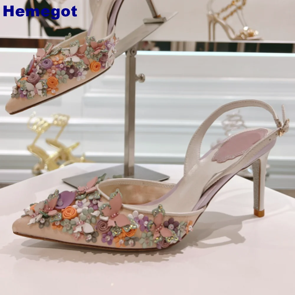 

Floral Pearl Rhinestone Wedding Shoes 2024 Summer New Luxury Pointed Toe Genuine Leather Sandal 7.5Cm Buckle Fashion Women Pumps