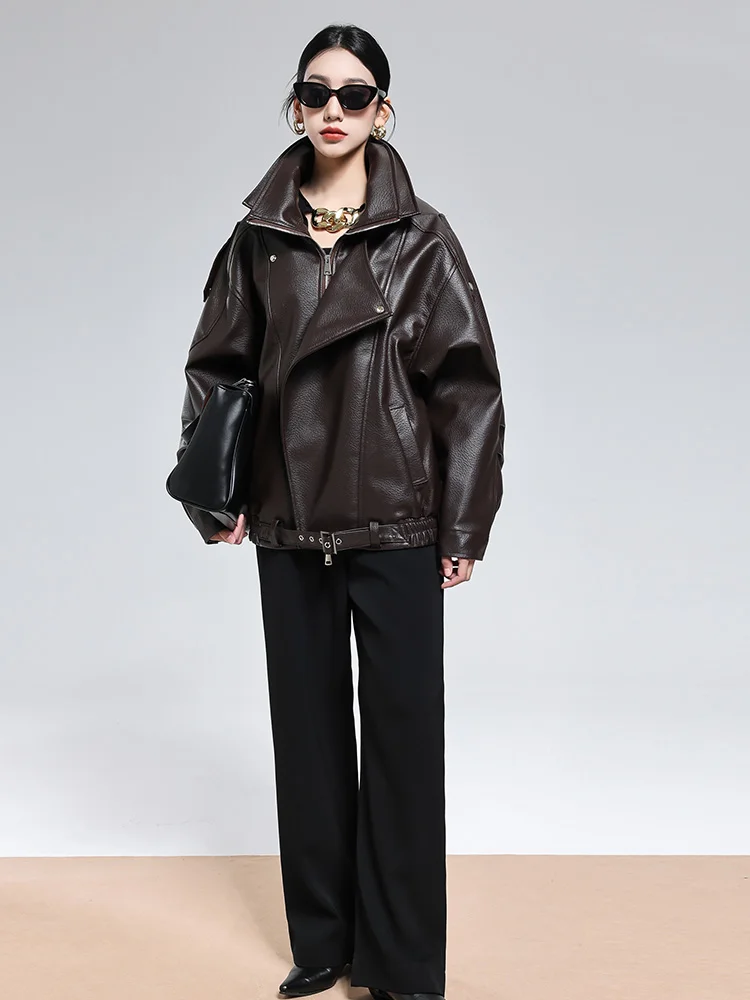 Mauroicardi Spring Autumn Cool Handsome Oversized Brown Soft Pu Leather Jacket Men Belt Loose Casual Runway Fashion Clothes 2025