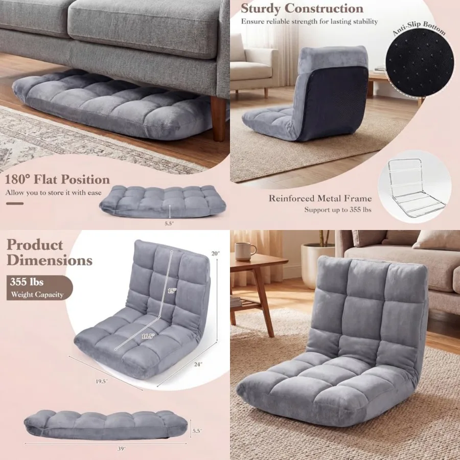 

Floor Chair with 14-Position Adjustable, Couch Recliner with Soft Flannel Fabric Cover, Heavy Duty Metal Support, Folding Gamin