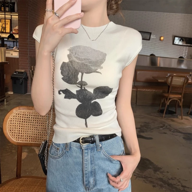 OCEANLOVE Knitted T Shirt for Women Print Floral Vintage Y2k Ropa De Mujer Spring Summer Korean Fashion Simple Short Tees