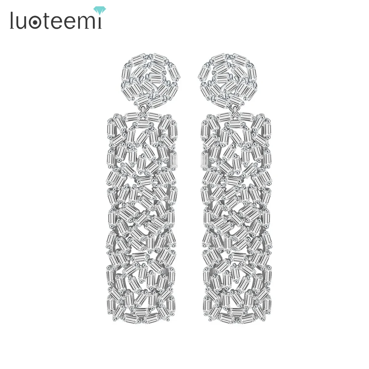 

LUOTEEMI New Vintage Drop Earrings Unique Design Full Strip Shape CZ Crystal Round and Square Dangle Earring Christmas Gifts