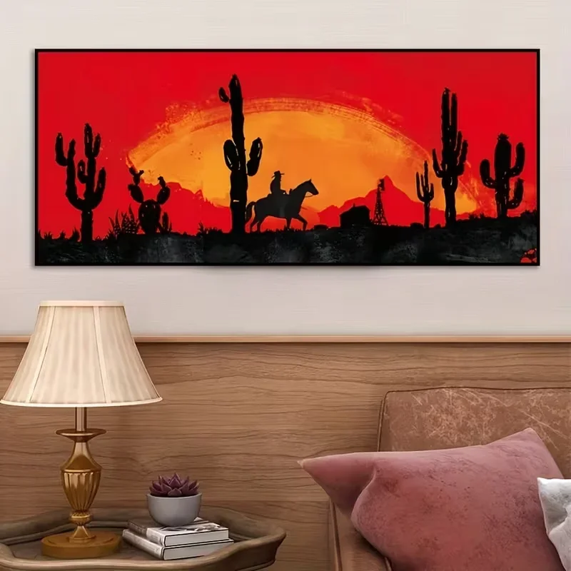 Large-sized 1pc frameless Canvas Painting Red Sunset Cowboy Canvas Art - Unframed Western Desert & Cactus Wall Decor For Living
