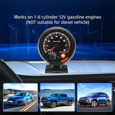 Car Tachometer With Shift Light 0-8000 RPM Gauge Indicator For 1-8 Cylinders Tacho Meter For 12V Racing Car Vehicle Auto Gauge