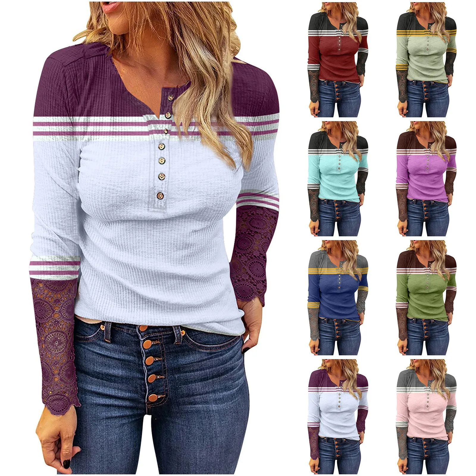 Striped Henley Shirt Women Fashion Long Sleeve Top Casual Button Down Blouse Autumn Trendy Loose Tunic Striped Henley Shirt T1