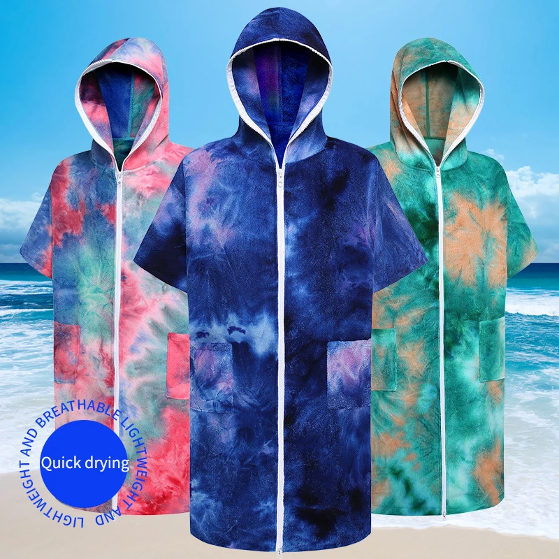 Microfiber Thick Tie-Dye Zipper Bathrobe Adult Absorbent Bathrobe Hooded Cape Swimming Men\'s And Women\'s Diving Warm Cape