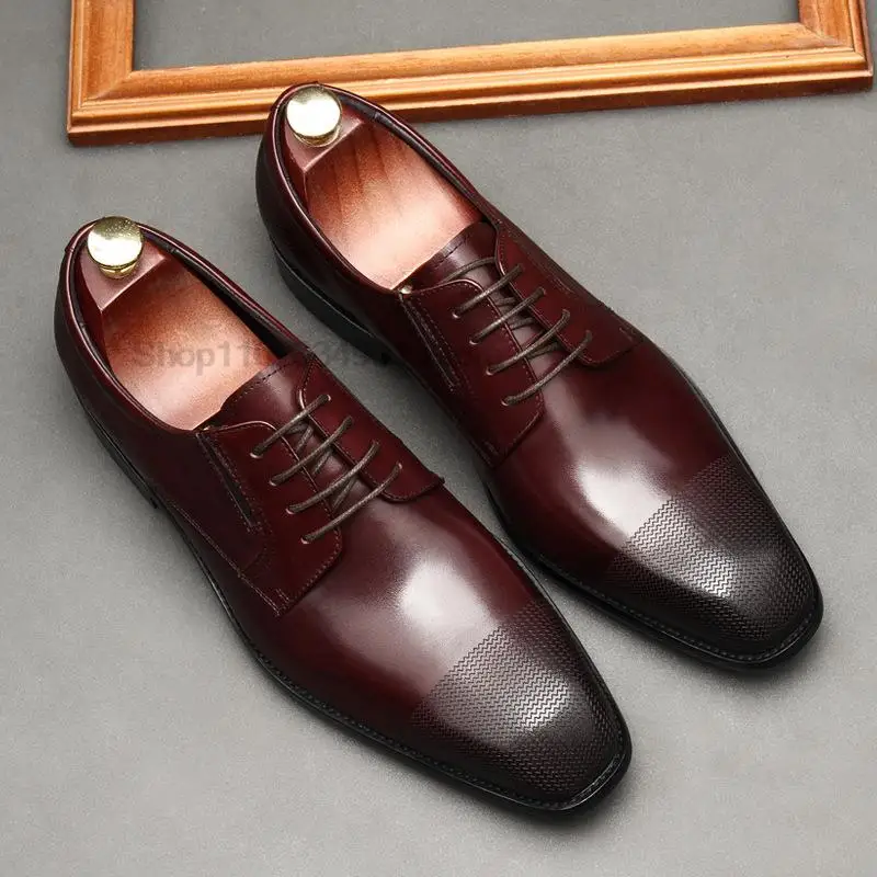 

Black Wine Red Luxury Man Genuine Leather Shoes High Quality Formal Derby Shoes Lace Up Square Head Oxford Dress Shoes For Men