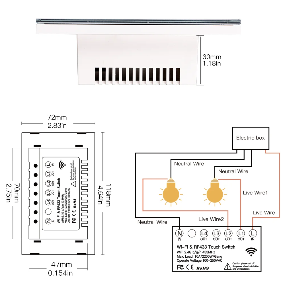 スマートウォールライト,wifi,ガラスパネル,rf433,wfi,スマートライフ,Tuyaアプリ,リモコン,alexa,Google Home, 1ギャング,2入力および3ギャングと連携