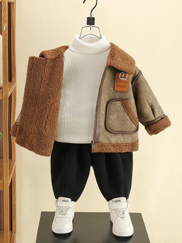 

Boy's Winter Faux Fur One-Piece Coat Thick Fleece-Lined Jacket Outwear 2025 New Style Kids Clothes Boys