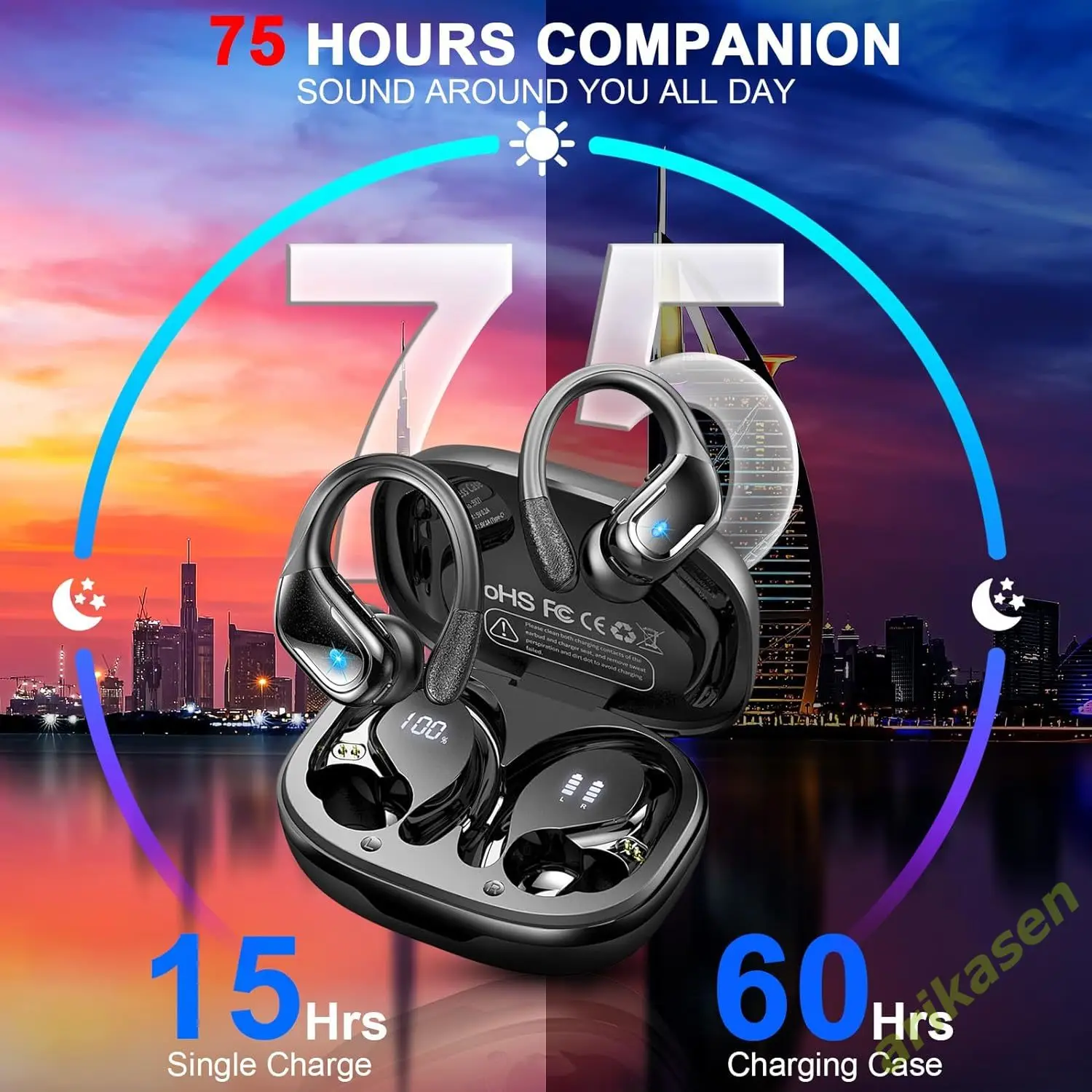 75Hrs Bluetooth 5.3 Earphones IP7 Waterproof Wireless Headphones with ENC Noise Cancelling Mic Deep Bass For Sports Workout Gym