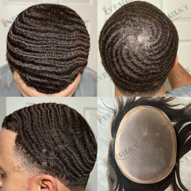 

# 2 темно-коричневых парика-системы из натуральных волос с глубокой волной 10/15 мм, незаметные, сверхпрочные, мужские, на монобазе, накладные пряди