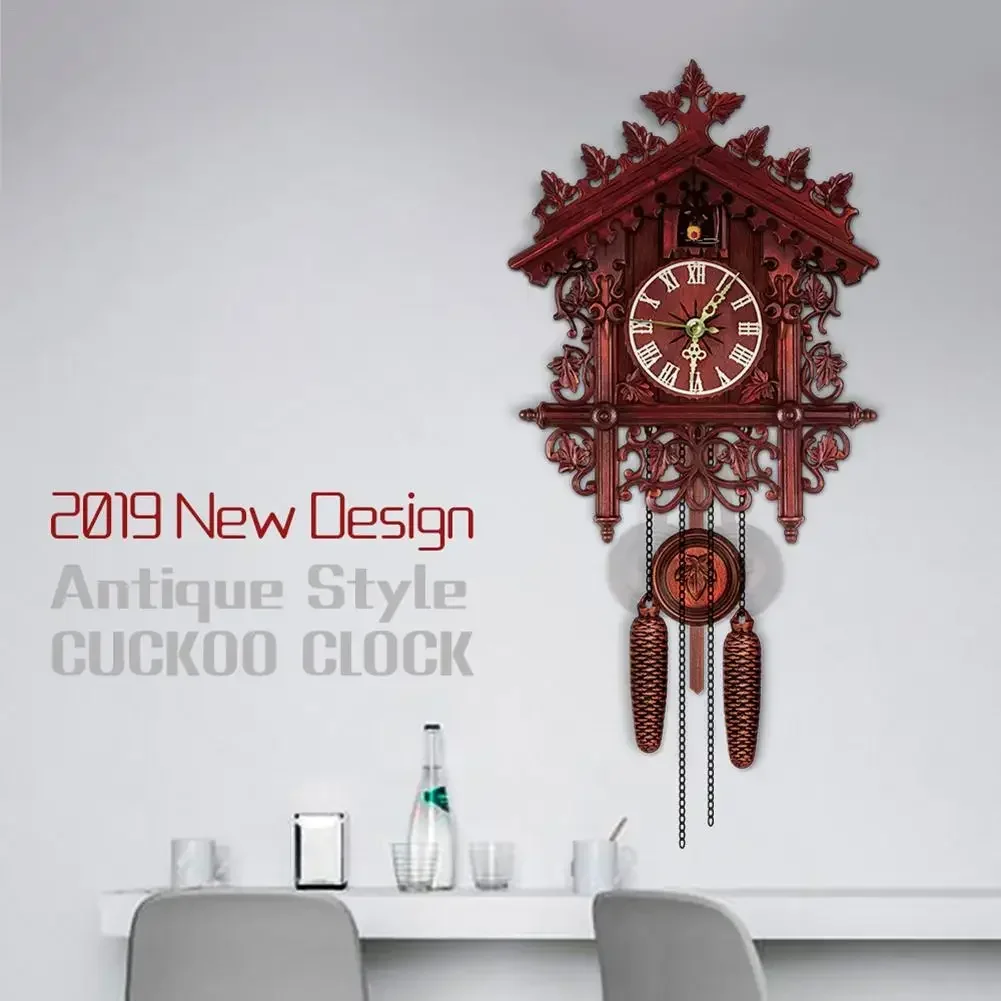 

Cuckoo Clock Living Room Wall Clock Black Forest Wooden Hand-Carved Clock Bird Cuckoo Alarm Watch Home Day Time Alarm