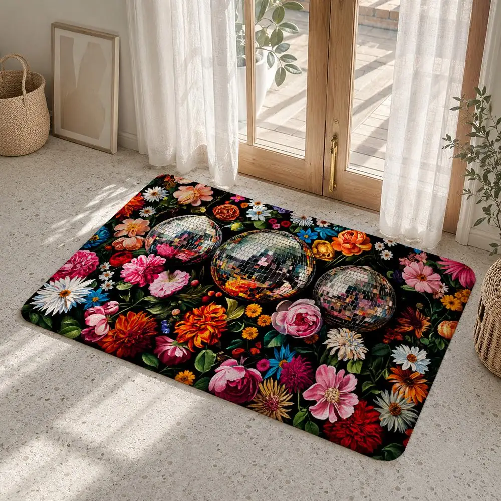 Florals Shiny Disco Spheres Floor Mat Flannel Rug Non Slip Absorbent Soft Washable For Entryway Hallway Bathroom Kitchen Decor
