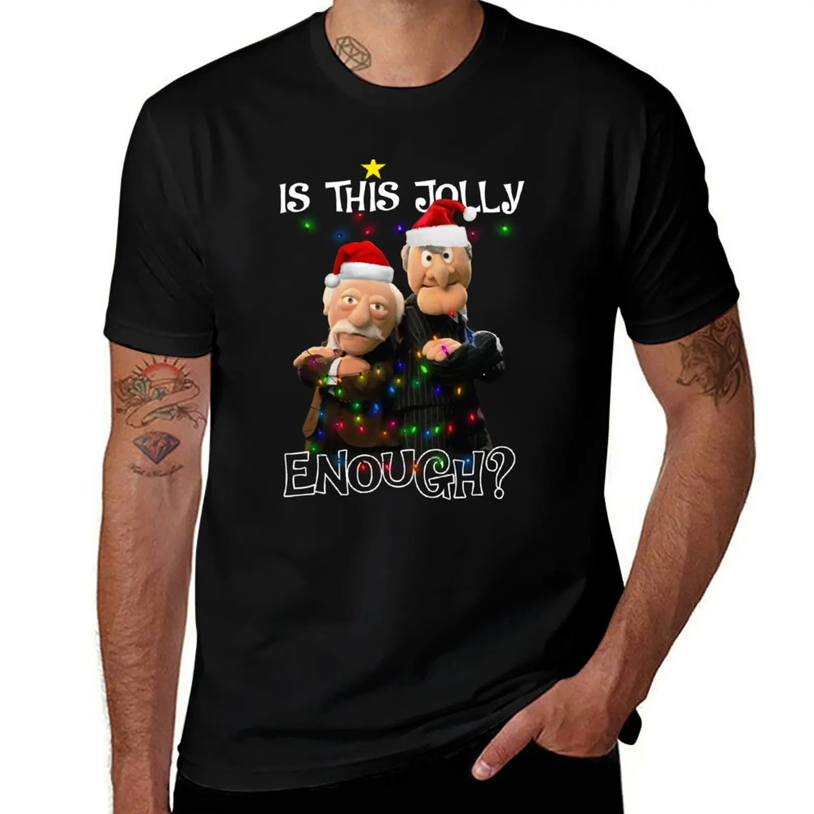 

Funny Statler And Waldorf Grúmpy Is This Jolly Enough Lights Christmas Casual Mens Cotton Printed For Women Adults Gift T-Shirt