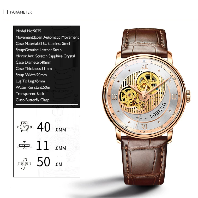 Lobinni мужские роскошные часы 40 мм деловые автоматические часы механические наручные часы скелетон 50 м водостойкий сапфировый кожаный ремешок