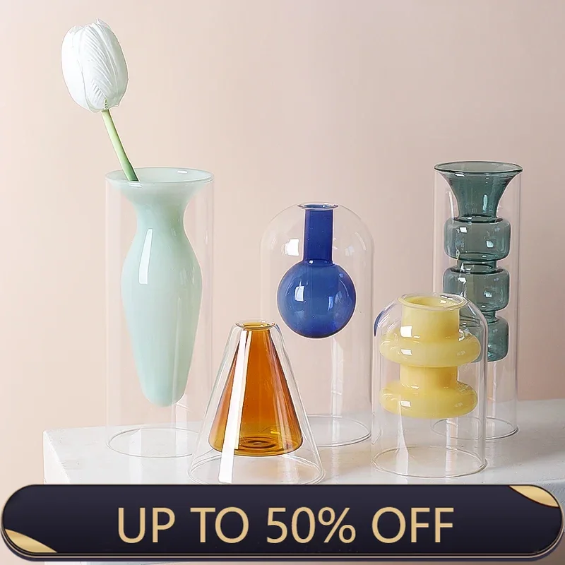 Decorative Double Wall Borosilicate Flower Vase Ins Hot Popular Cylinder Hydroponic Clear Murano Glass Vase