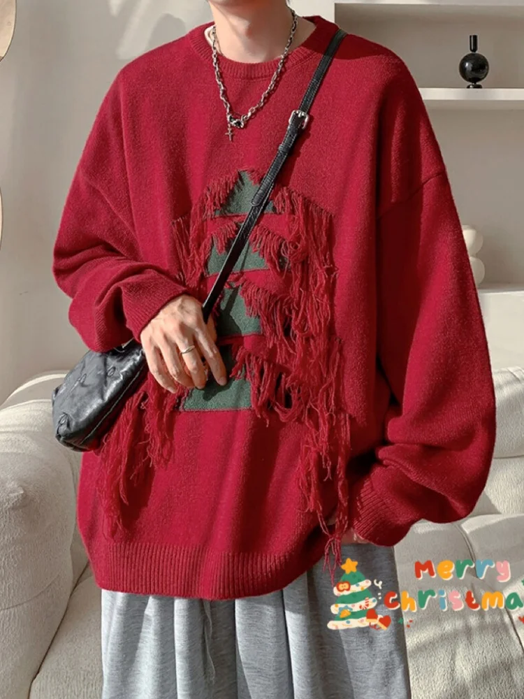 

Красный утепленный вязаный свитер с круглым вырезом для мужчин, зимняя повседневная одежда, с бахромой, молодежный базовый слой, внутренняя одежда