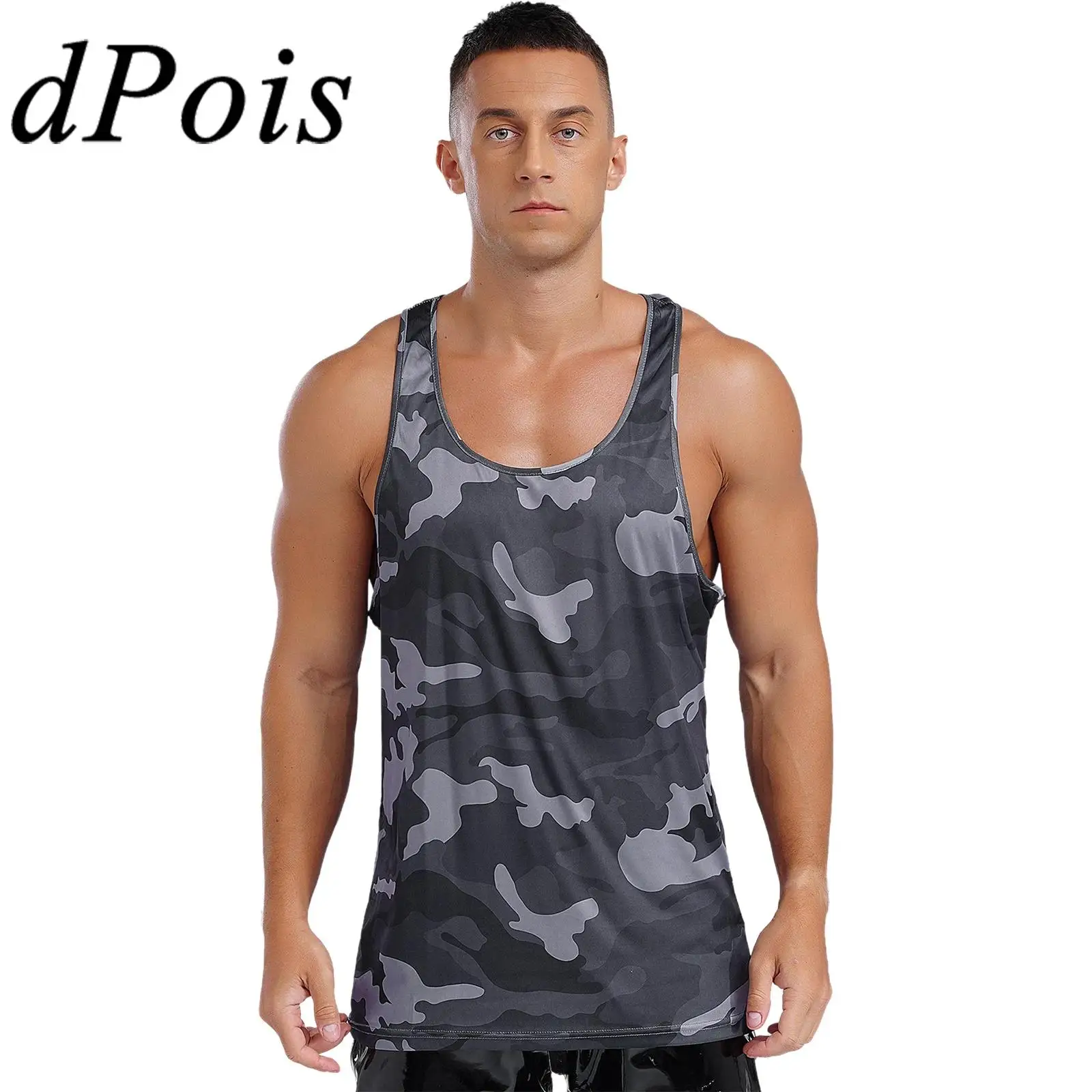 Mens Fashion Tank Tops Camouflage Print Sport Vests Scoop Neck Curved Hem Muscle Loose Sleeveless Tops for Fitness Running Tanks