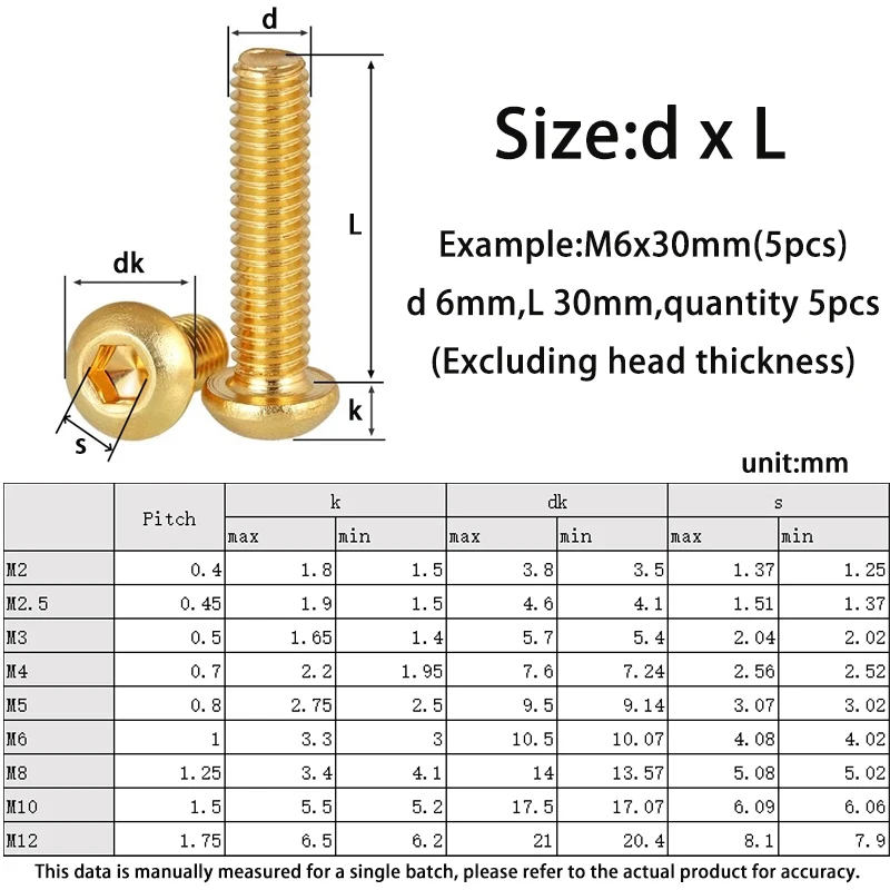 ISO7380 Brass Half Round Head Hexagon Socket Screw M2M2.5M3M4M5M6M8M10M12 Pure Brass Hexagon Socket Round cap Head Screw bolts