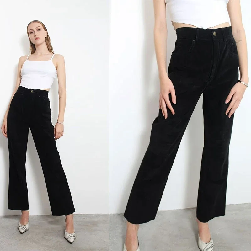 

Women's High Waist Suede Leather Flared Pants, Retro Stretch Pencil Pants, Front Zipper, Warm, Autumn Fashion, New, 2023