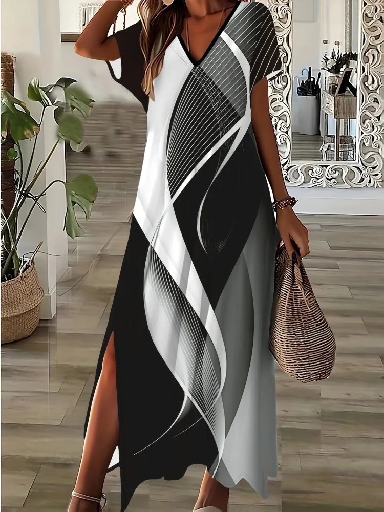 

Black And White Striped Print Women's Daily Casual Dress Summer Outdoor Street Women's Long Dress Urban Fashion V-neck Dress