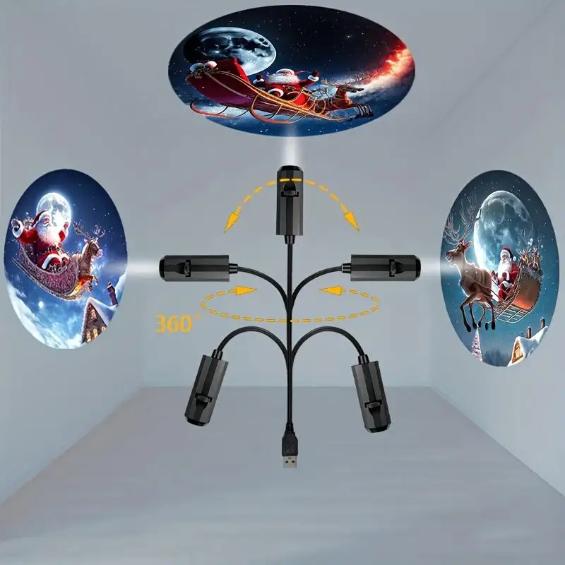 USB Christmas Projector Light 6 Films Santa Snowman Pattern Flexible Gooseneck Xmas Holiday Decor Ambient Projection Lamp
