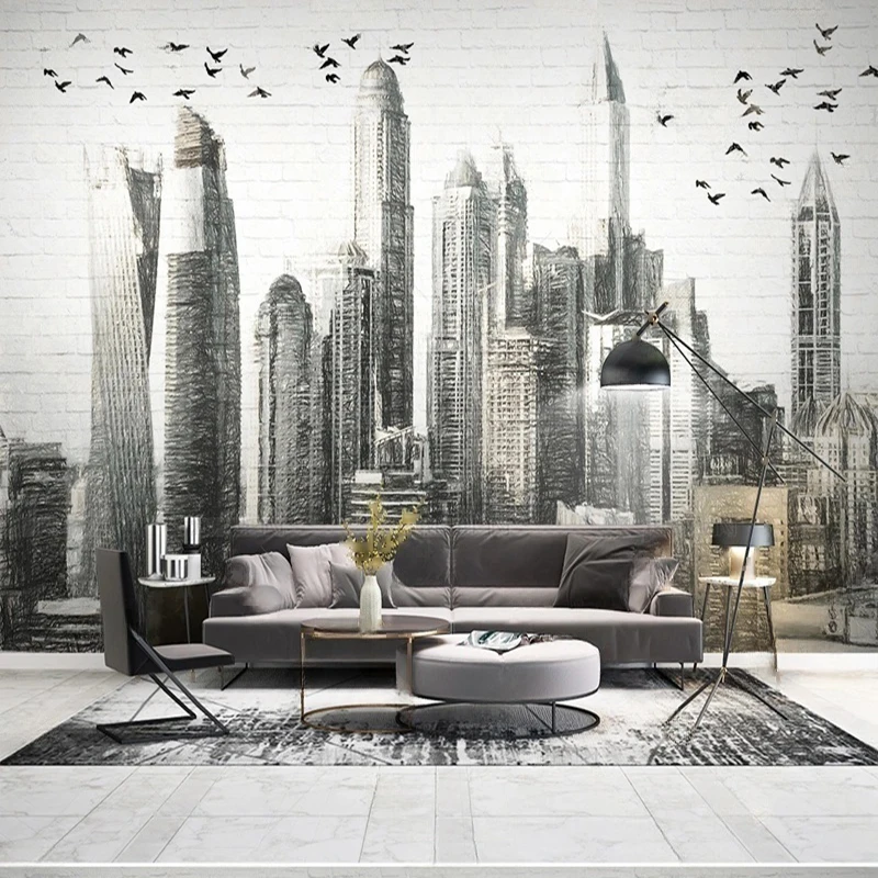 

MU8781 Custom Hand-painted urban building brick walls, modern and simple TV background walls