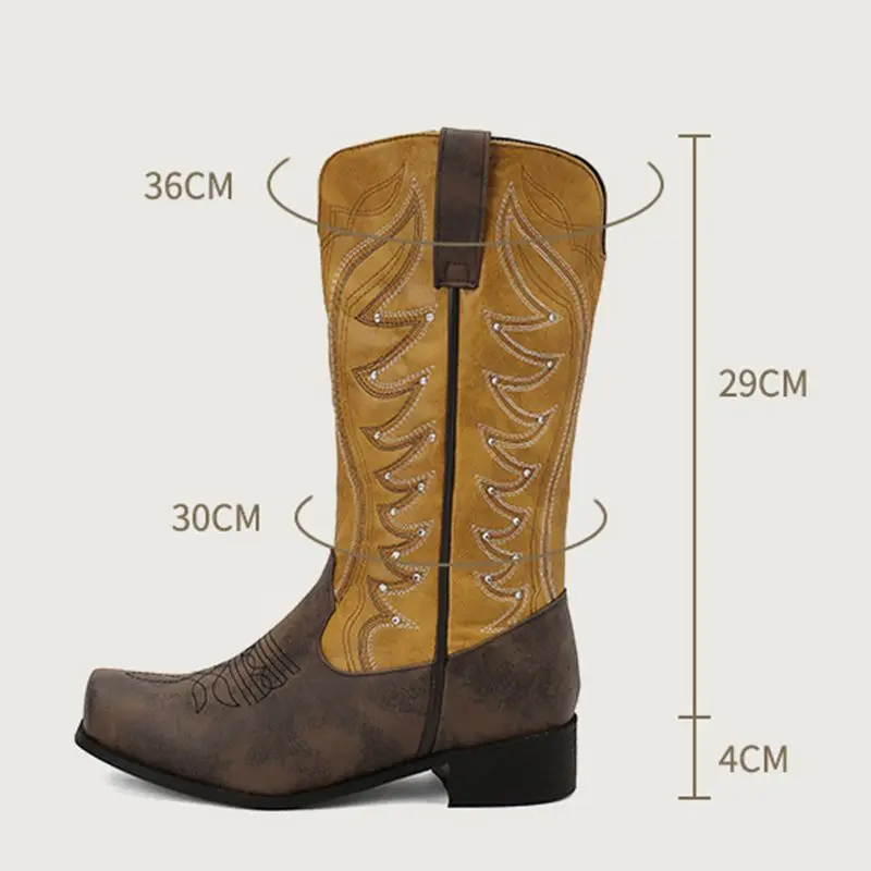 

ORCHALISA Cowboy Western Women Boots Mixed Color Plus Size 48 49 50 Casual Daily Mid Calf Booties Square Toe Slip On Flock