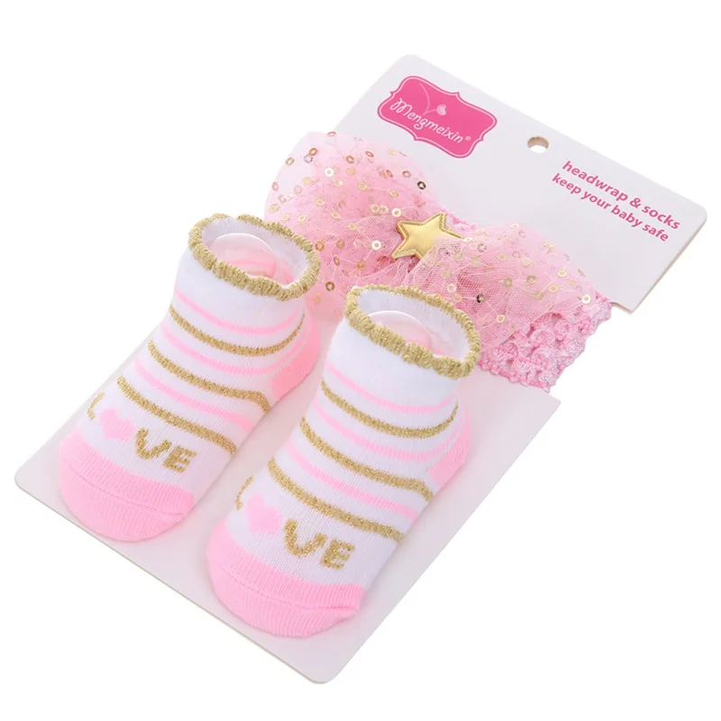 

0-12 Months Toddler Infant Girls Princess Headwear Socks Striped Letter Mesh Bow Newborn Baby Girl Headband Socks Pack 2pcs Set