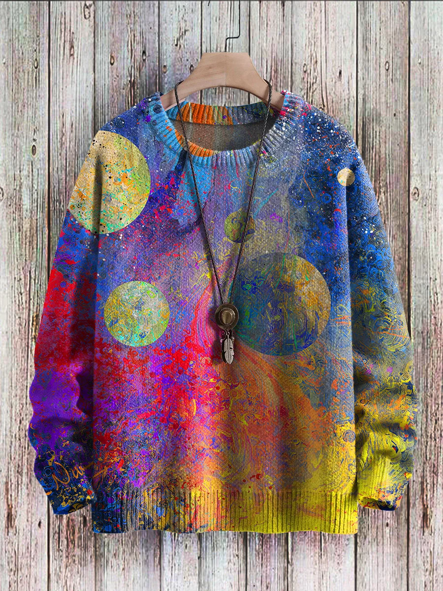Multicolor Rainbow Gradient Blending Universe Art Print Knit Pullover Sweater Women For Men Sweater